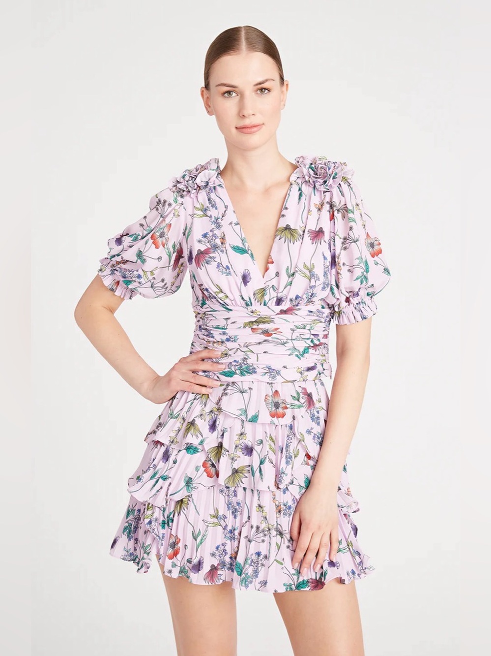 Floral Ruffle V-Neck Top in Light Lavender With Matching Mini Skirt